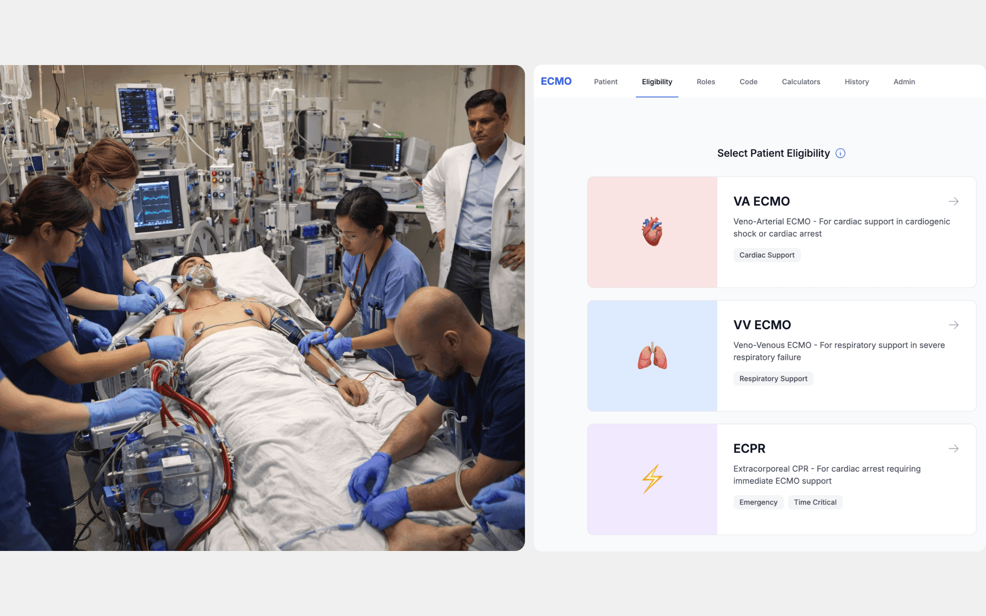 ECMO eligibility engine and risk framing